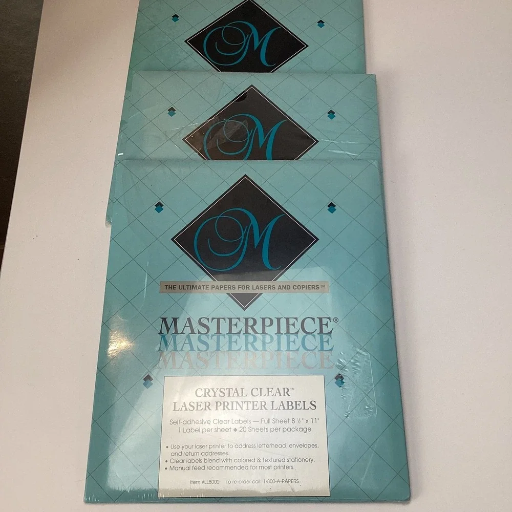 3 Masterpiece Crystal Clear Laser Printer Labels 8.5x11 Full Sheet 3 Packs